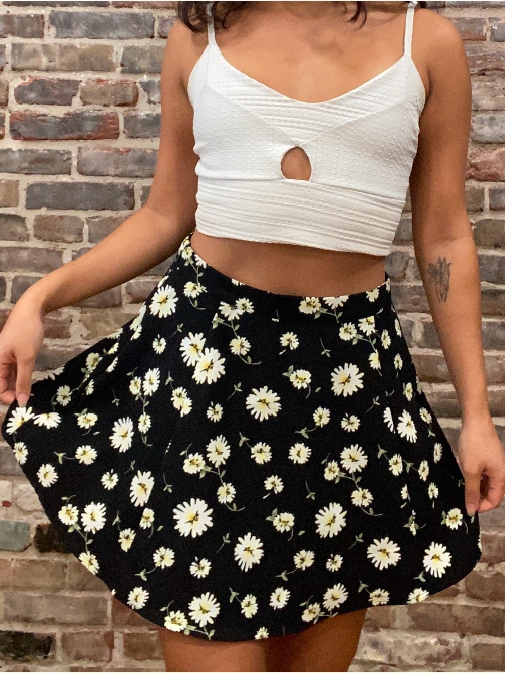 Daisy Print Black A-Line Skirt - Women
